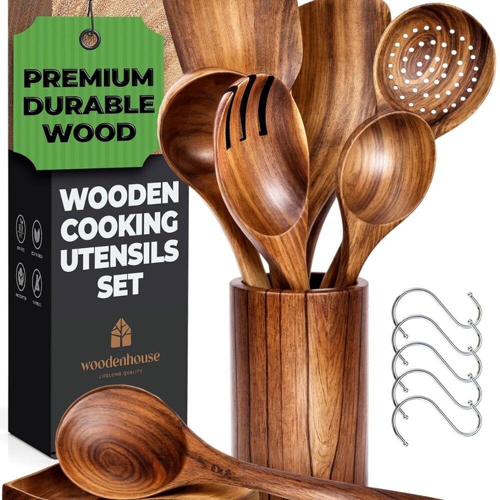 Teak Wooden Utensil Set with Spoon Rest & Hooks - Durable Wooden Spoons for Cook